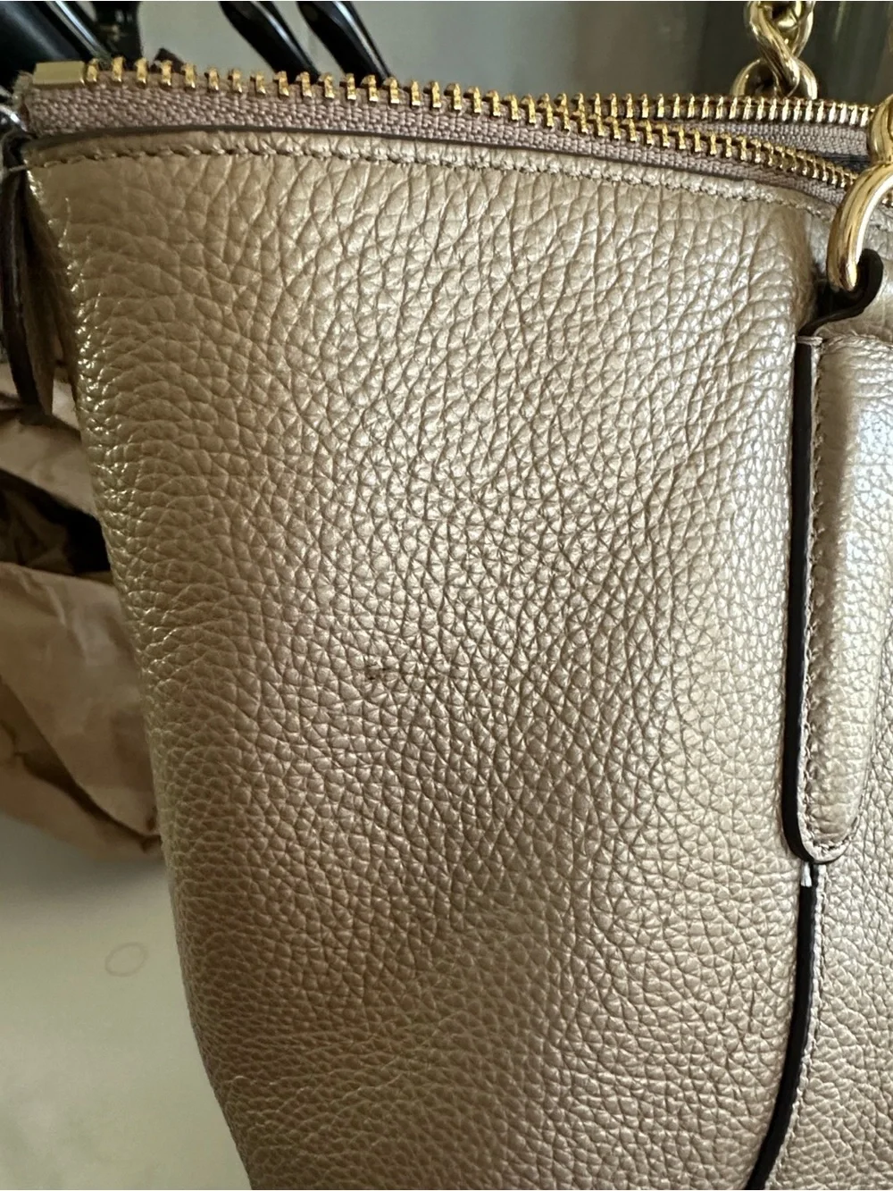 Coach Ava Champagne Gold Pebble‎ Leather Chain Tote Zip Top Shoulder Bag Large